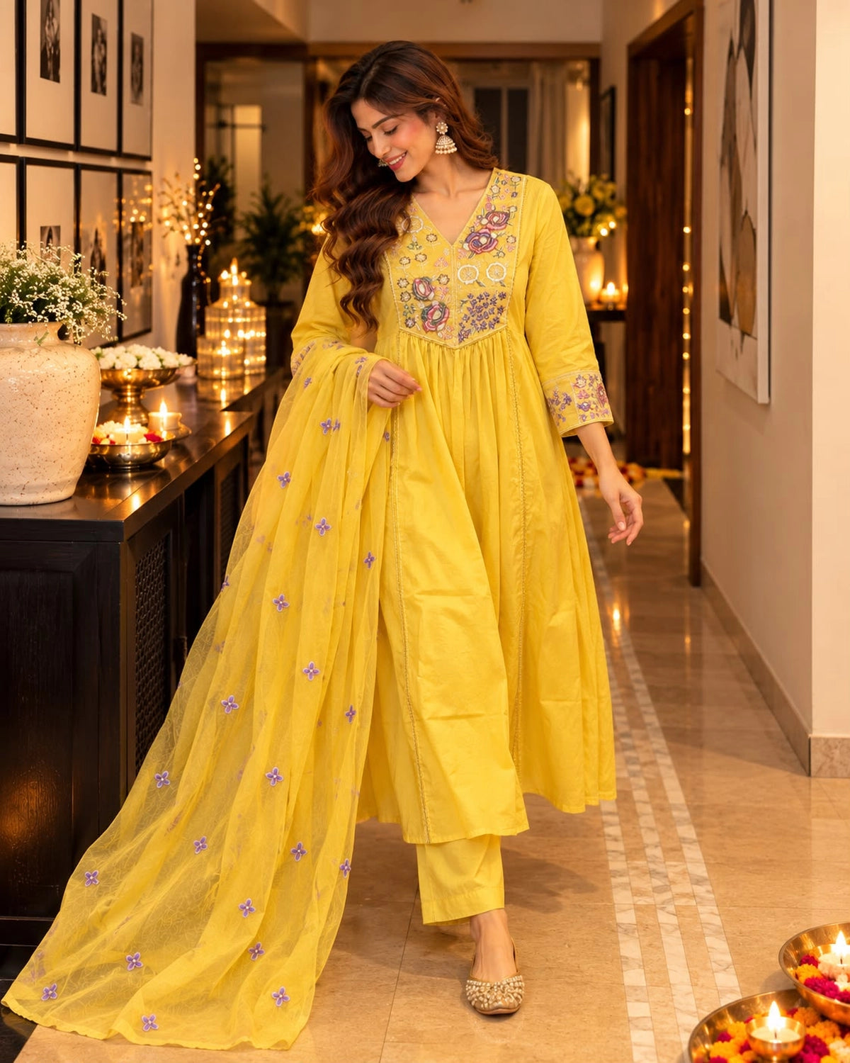 Multicolour Floral Embroidered Cotton Anarkali Kurta Pant Dupatta Set