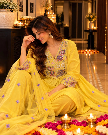 Multicolour Floral Embroidered Cotton Anarkali Kurta Pant Dupatta Set