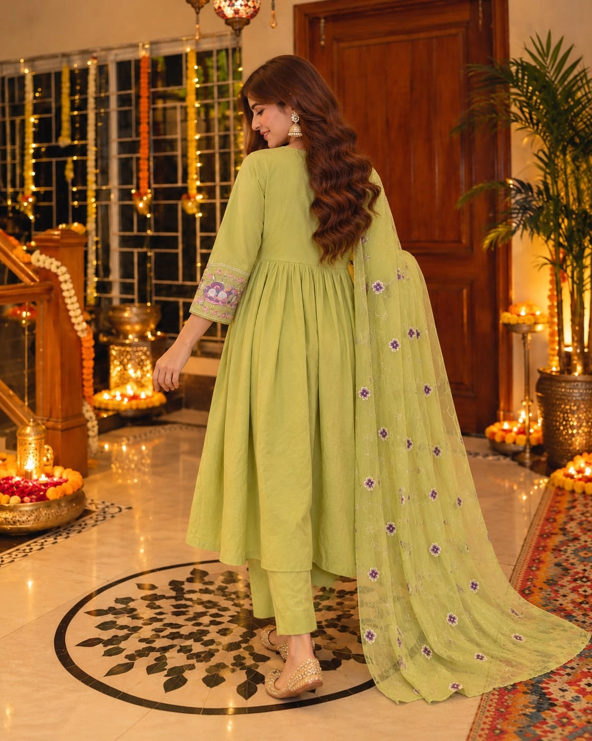 Multicolour Floral Embroidered Cotton Anarkali Kurta Pant Dupatta Set