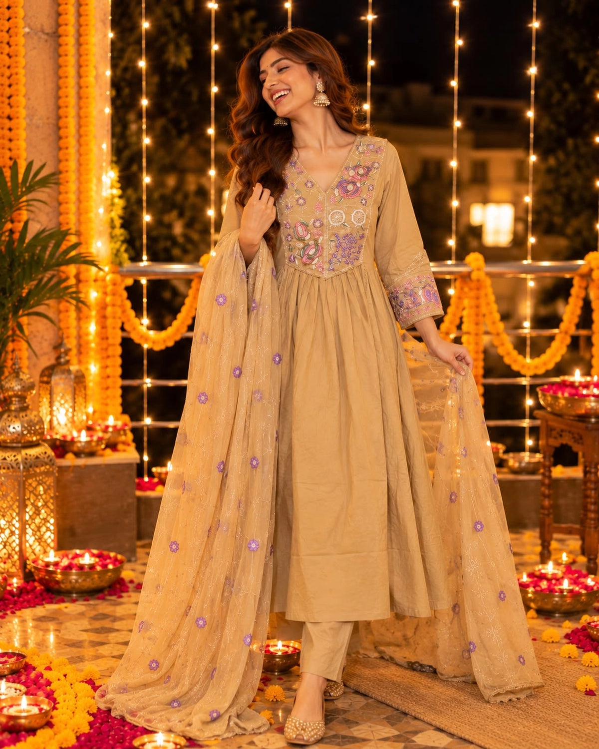 Multicolour Floral Embroidered Cotton Anarkali Kurta Pant Dupatta Set