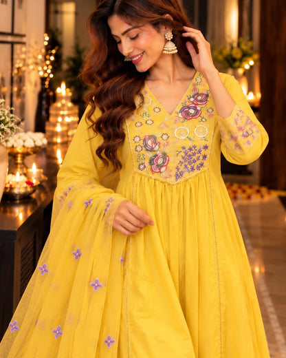 Multicolour Floral Embroidered Cotton Anarkali Kurta Pant Dupatta Set