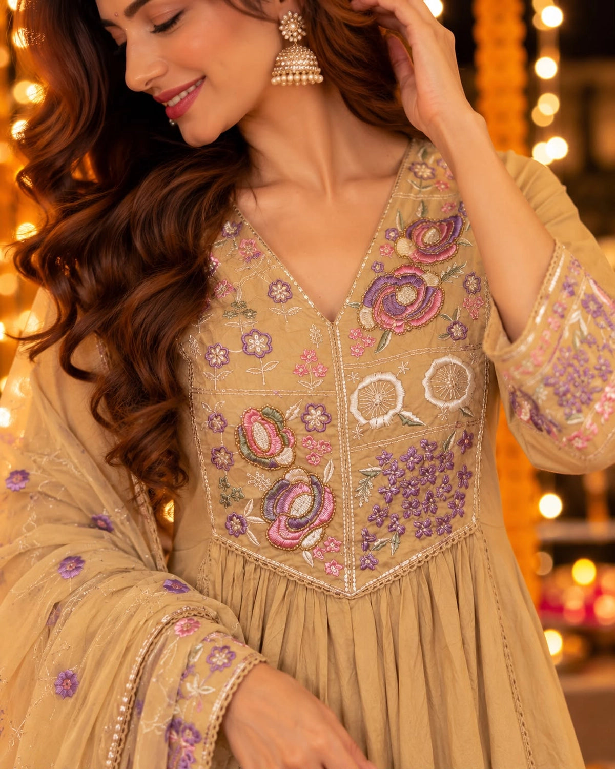 Multicolour Floral Embroidered Cotton Anarkali Kurta Pant Dupatta Set