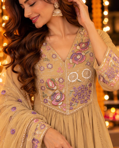 Multicolour Floral Embroidered Cotton Anarkali Kurta Pant Dupatta Set