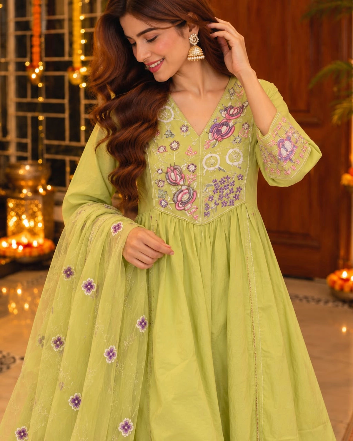 Multicolour Floral Embroidered Cotton Anarkali Kurta Pant Dupatta Set