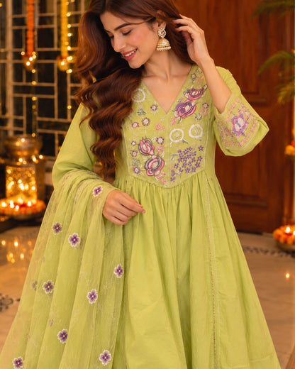 Multicolour Floral Embroidered Cotton Anarkali Kurta Pant Dupatta Set