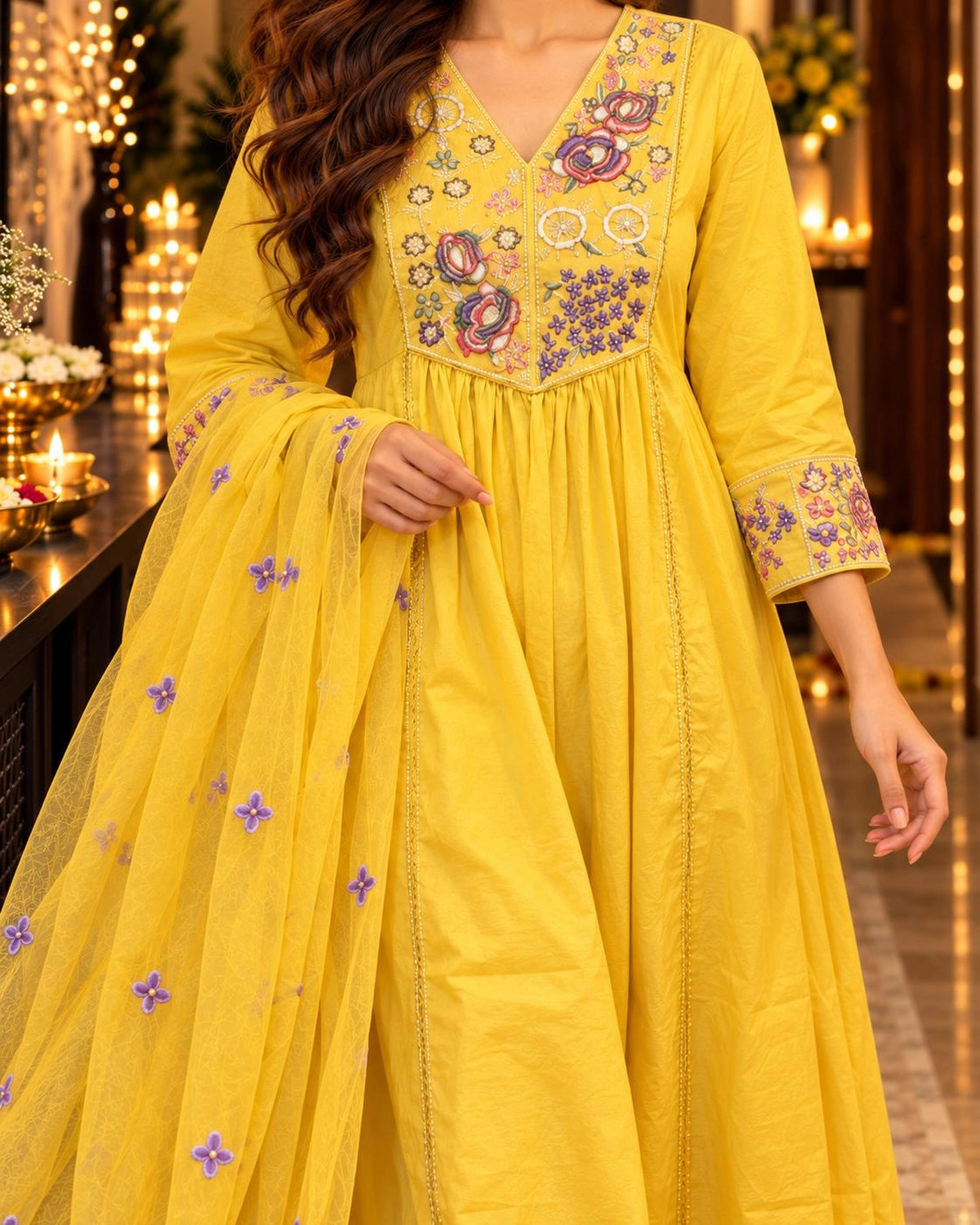 Multicolour Floral Embroidered Cotton Anarkali Kurta Pant Dupatta Set