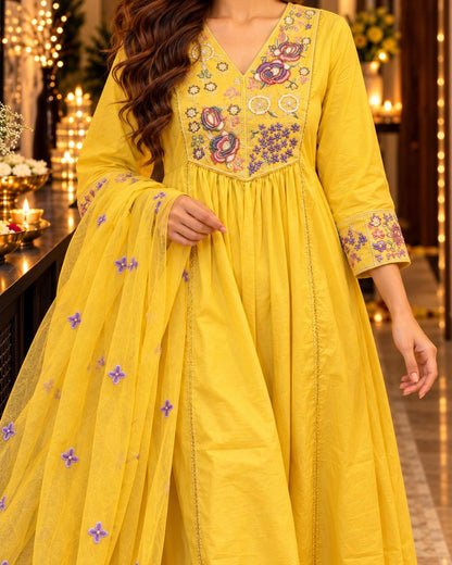 Multicolour Floral Embroidered Cotton Anarkali Kurta Pant Dupatta Set