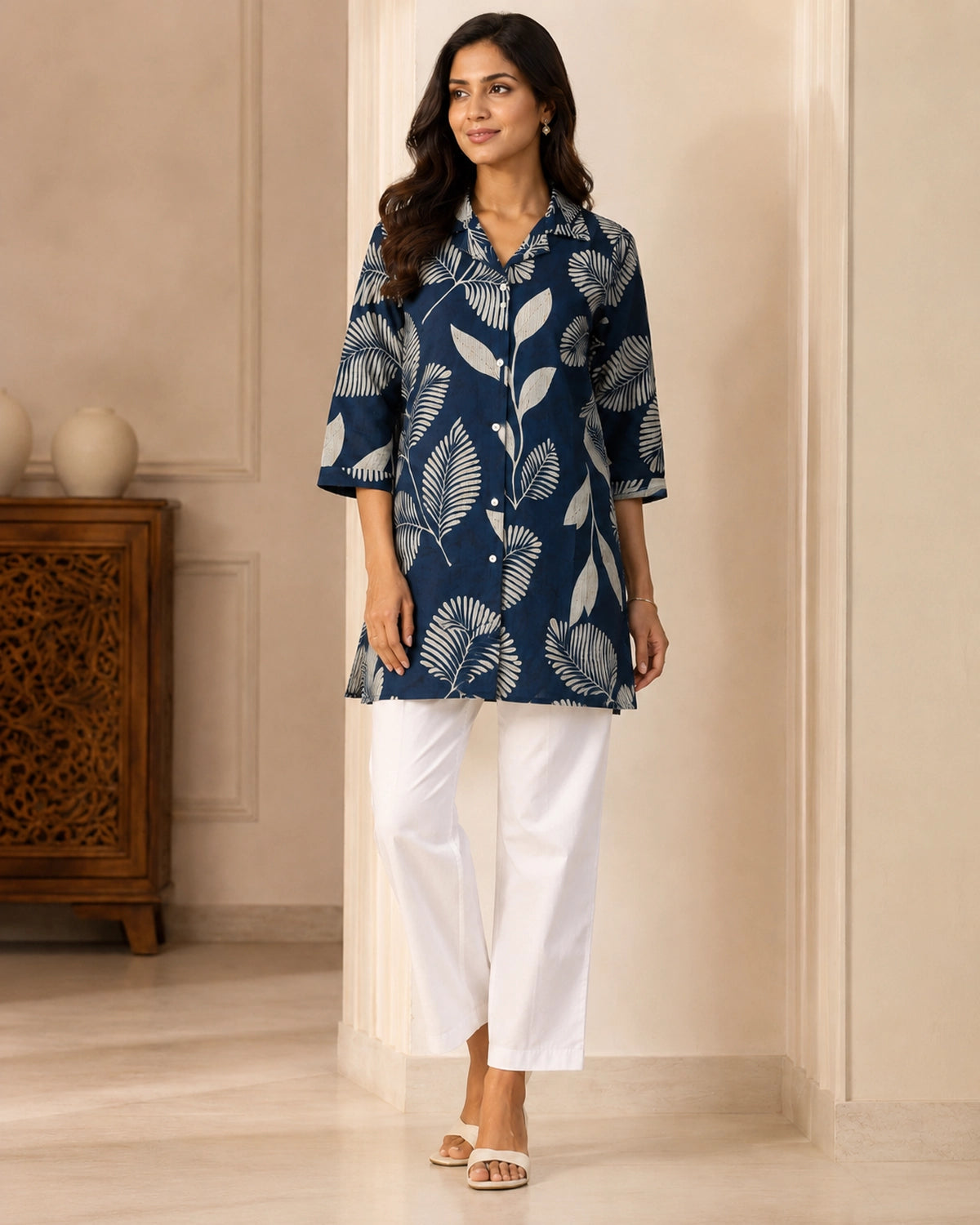 Floral Print Collared Three-Quarter Sleeve Cotton Kurti