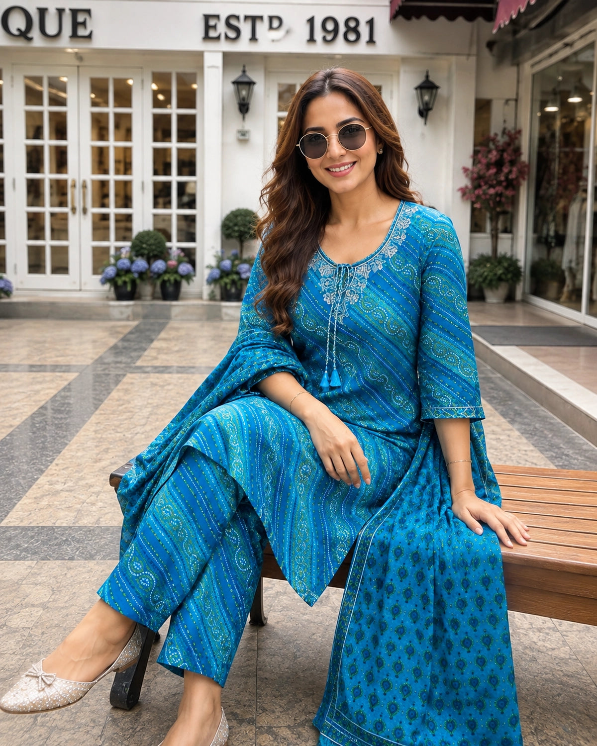 Blue Bandhani Stripe Print Cotton Kurta Pant Dupatta Set