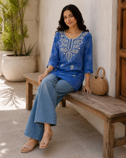 Chikankari Tie-Dye Round Neck Cotton Kurti