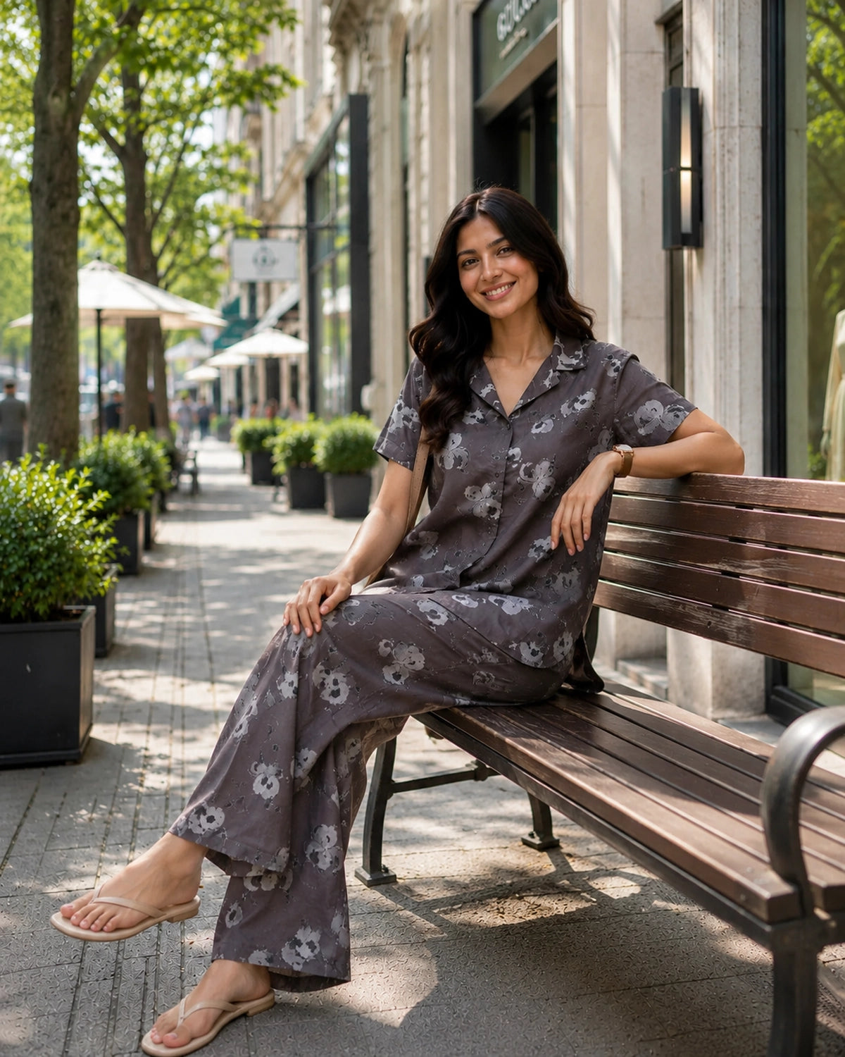 Coffee Brown Floral Print Rayon Co-Ord Set for Daily Wear
