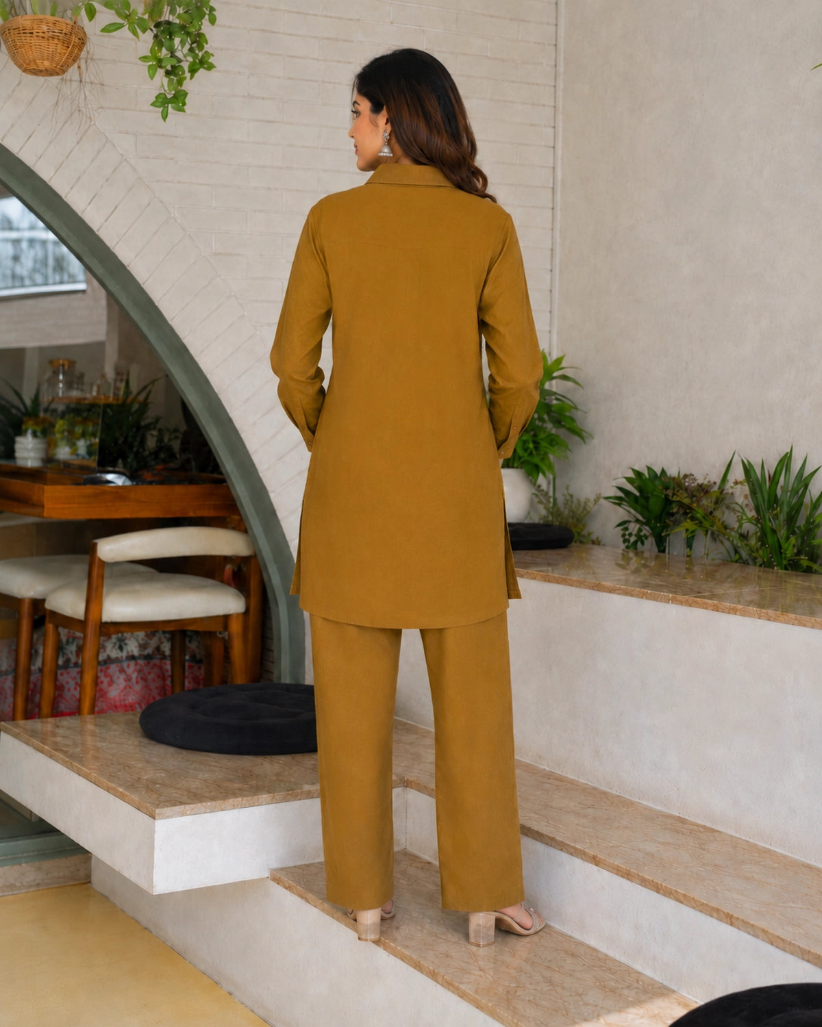 Mustard Floral Embroidered Collared Cotton Co-Ord Set