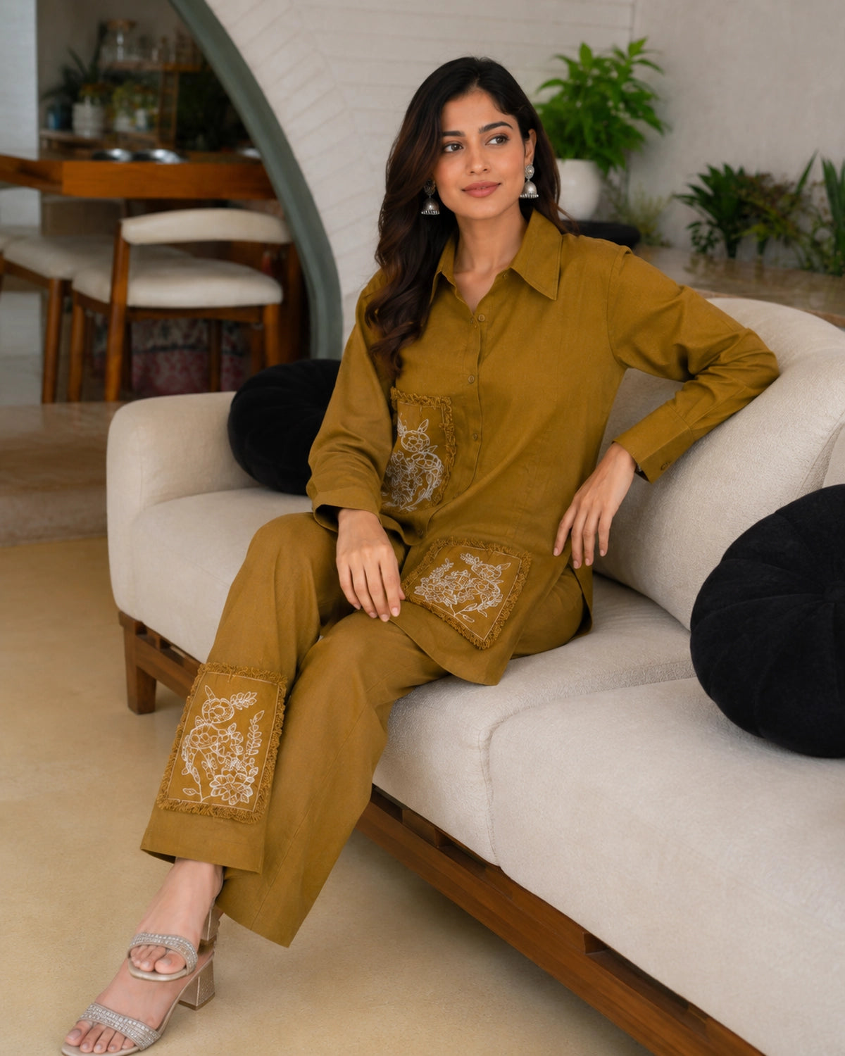 Mustard Floral Embroidered Collared Cotton Co-Ord Set