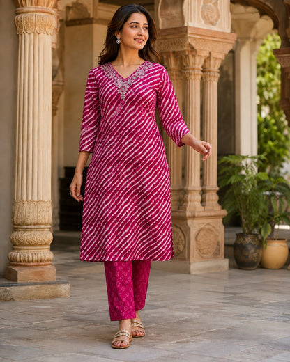 Leheriya Stripe Print Cotton Kurta Pant Dupatta Set