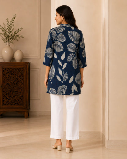 Floral Print Collared Three-Quarter Sleeve Cotton Kurti