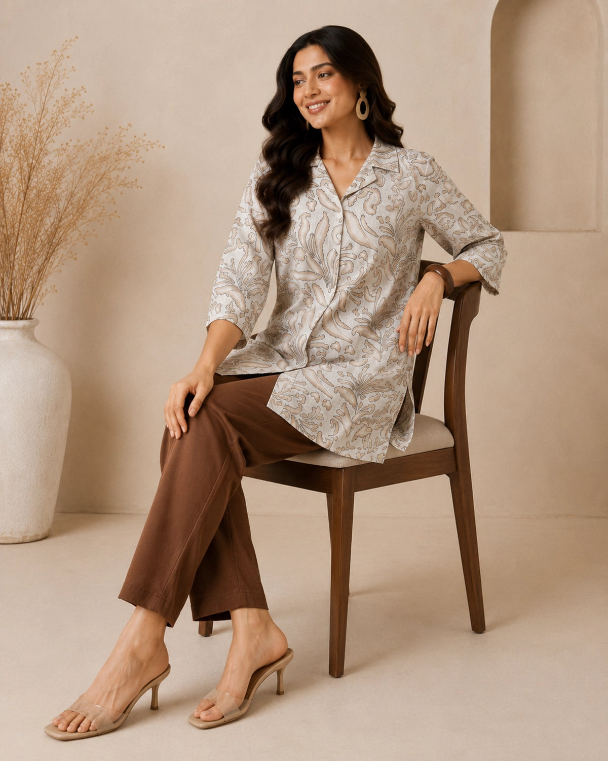 Floral Print Collared Three-Quarter Sleeve Cotton Kurti