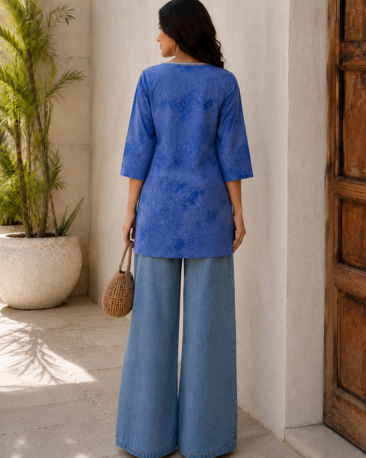 Chikankari Tie-Dye Round Neck Cotton Kurti