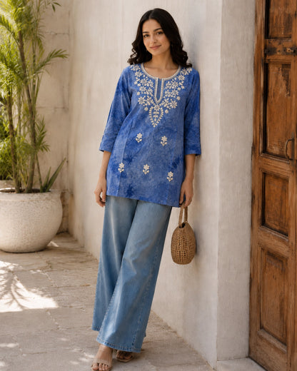 Chikankari Tie-Dye Round Neck Cotton Kurti