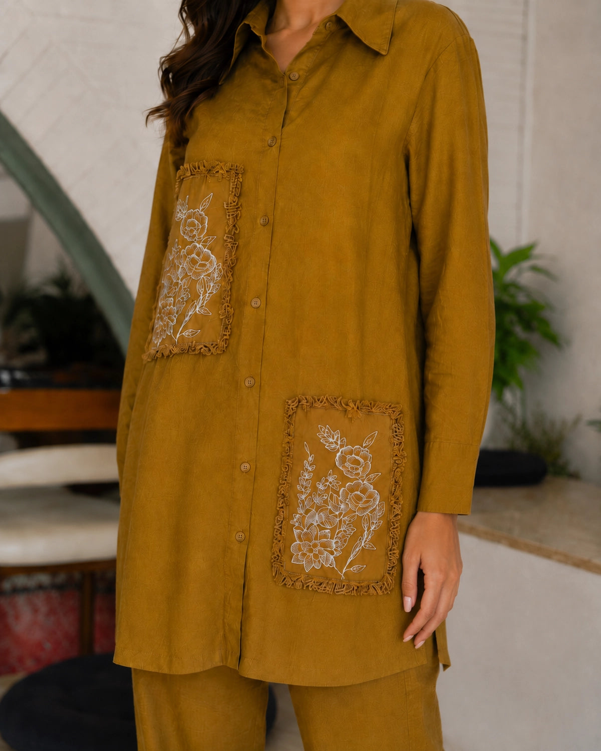 Mustard Floral Embroidered Collared Cotton Co-Ord Set