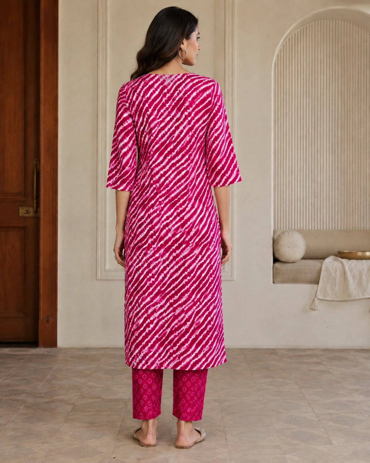 Leheriya Stripe Print Cotton Kurta Pant Dupatta Set