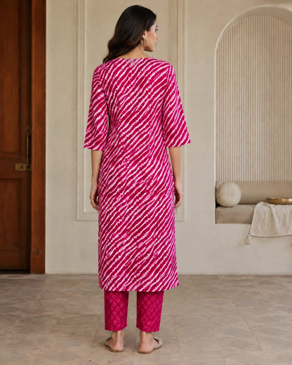 Leheriya Stripe Print Cotton Kurta Pant Dupatta Set